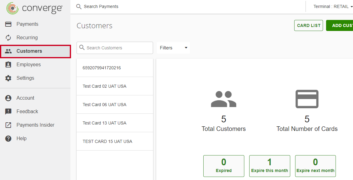 Pay, Converge, Customers tab.