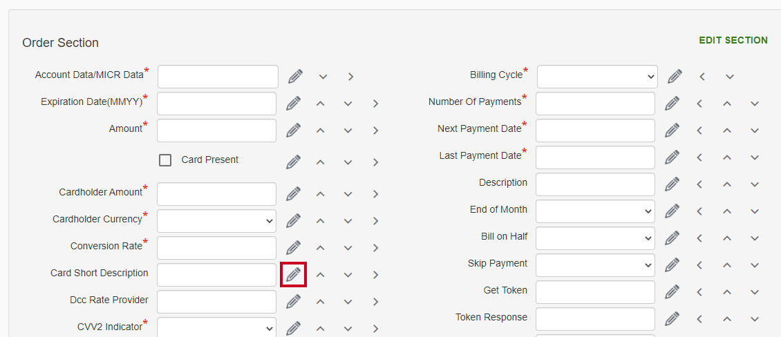 Pay, Converge, Card Short Description Field, Edit Button.