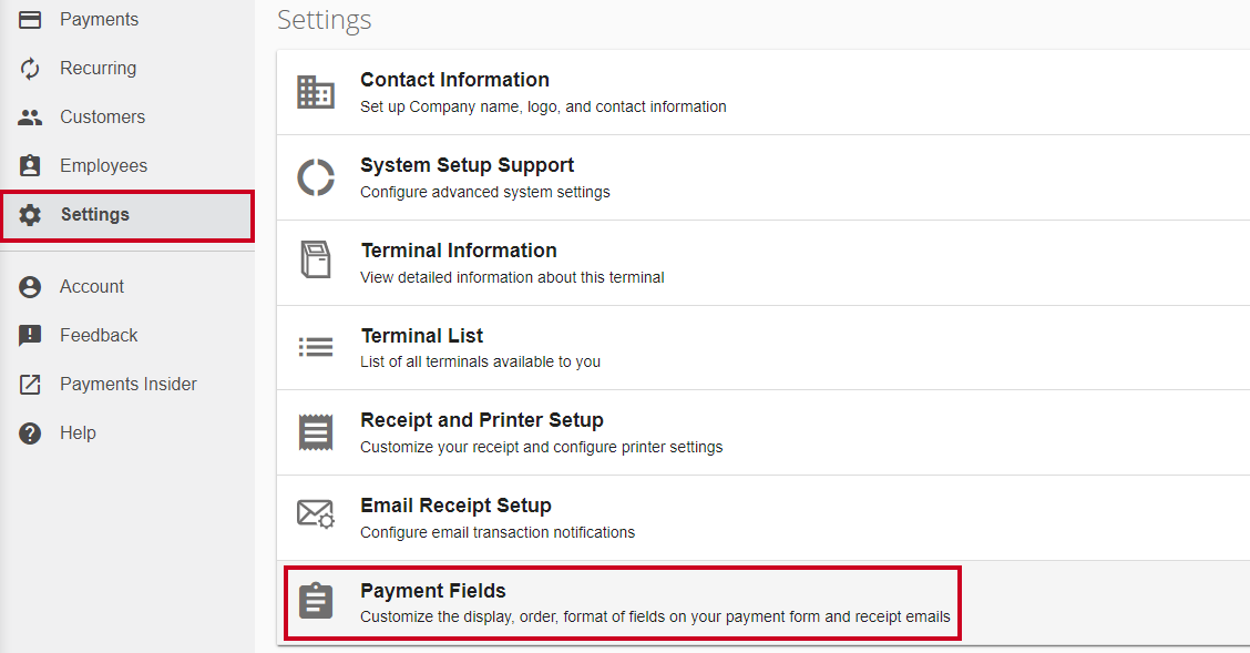 Pay, Converge, Settings, Payment Fields option.