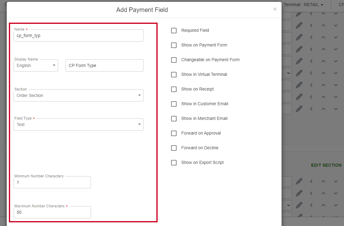 Pay, Converge, Add Payment Field, CP Form Type Fields.