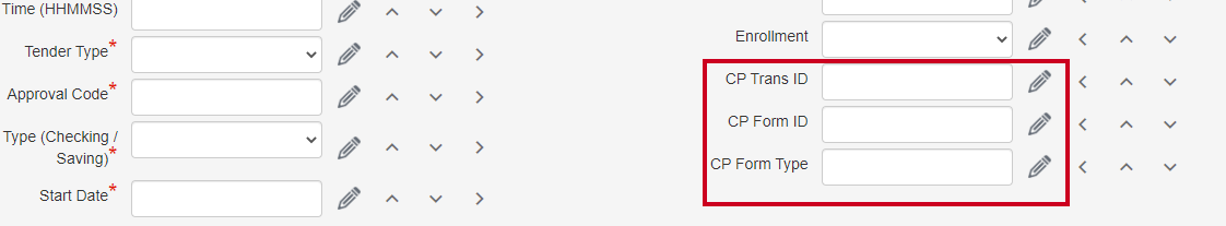 Pay, Converge, CP Trans ID, CP Form Type, and CP Form ID Custom Fields.