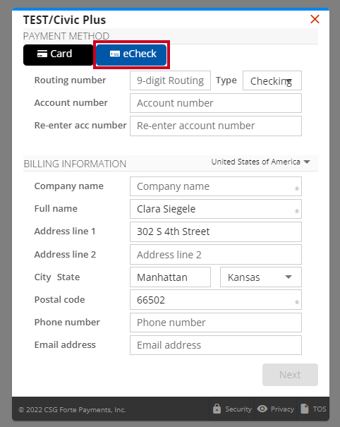 echeck tab on Forte form.