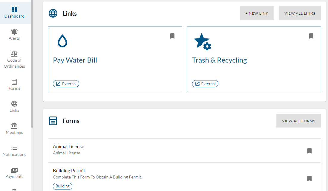 Dashboard Links and Forms sections.