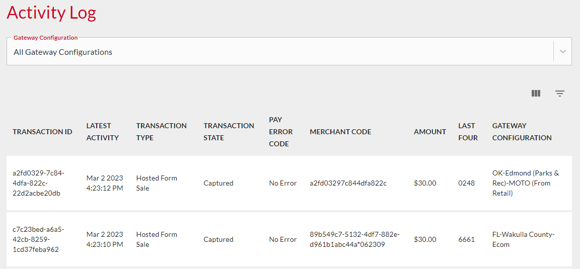 Pay activity log.