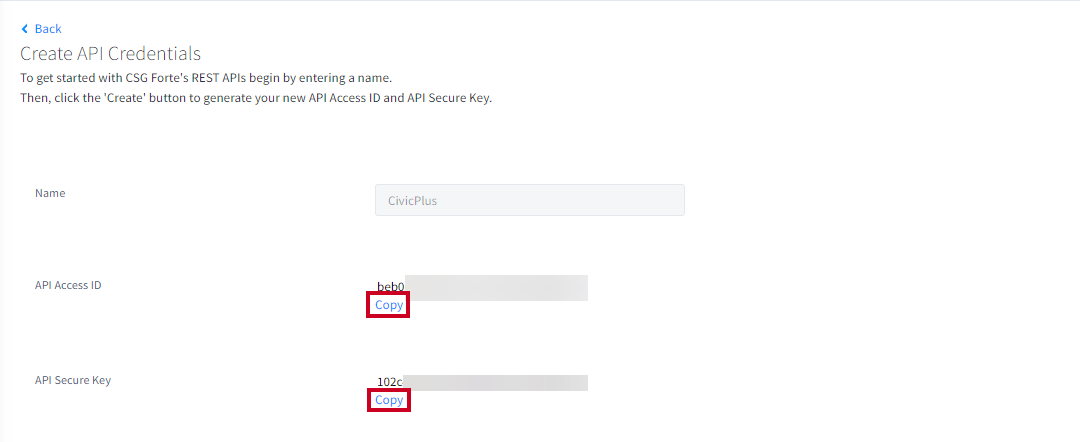API access ID and API secure key copy buttons