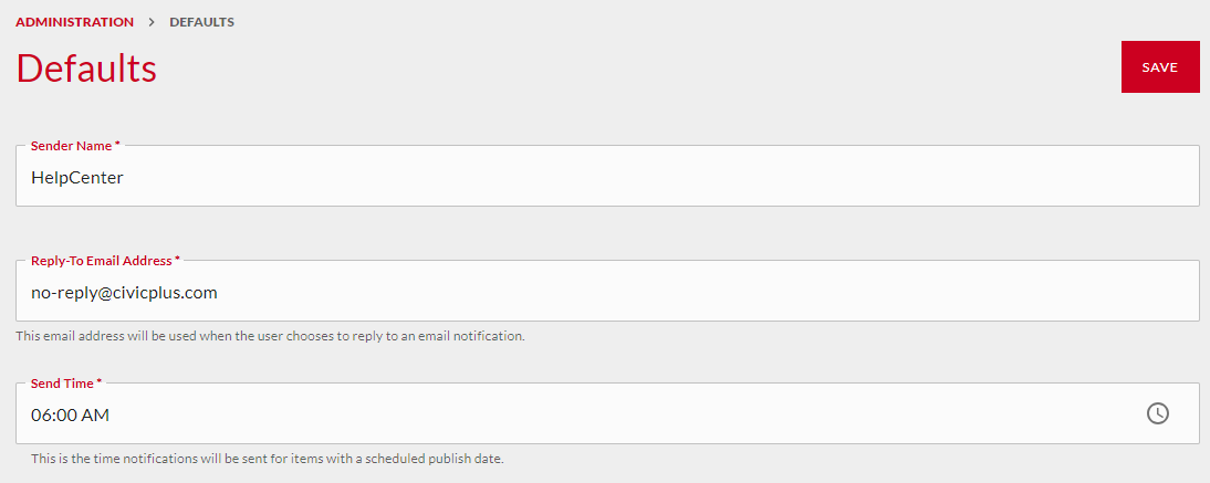 Default settings fields.