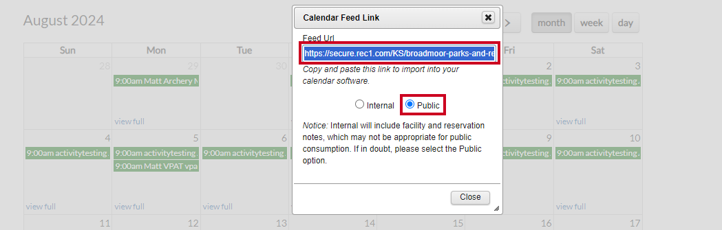 Copy calendar feed URL from Rec.