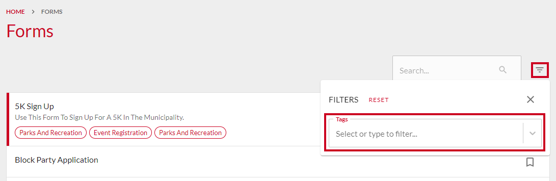 Filter dropdown.