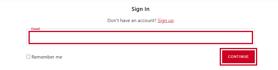 email field and red continue button.