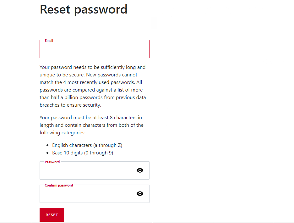 reset password screen.