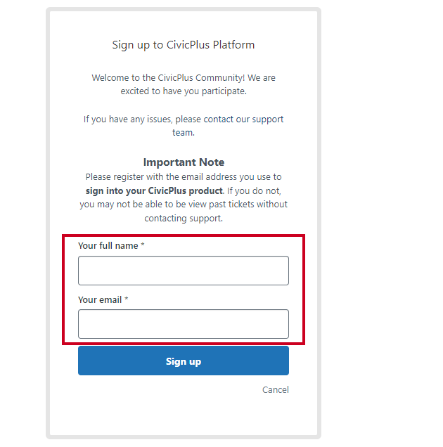full name and email fields.