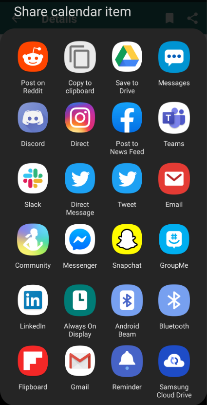 List of applications to share event to.