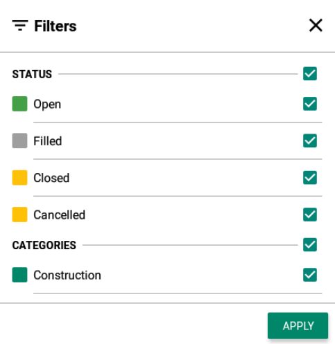 Mobile app, Jobs Module, Filter options checkboxes.