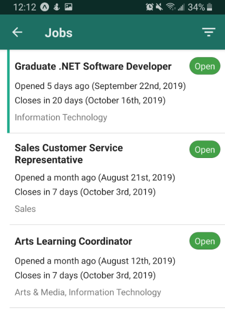 Mobile App, Lists of jobs.