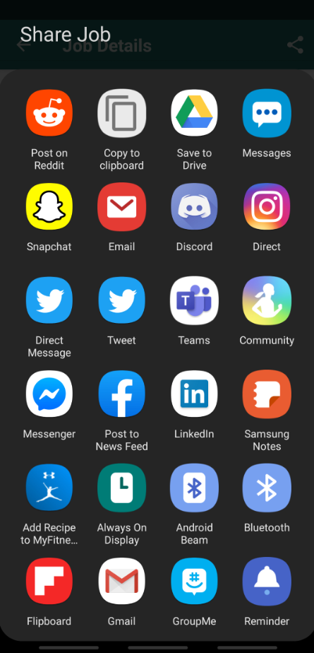List of apps to share job to.