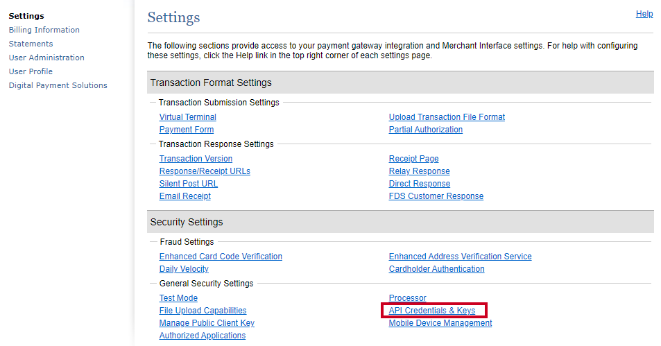 api credentials and keys.