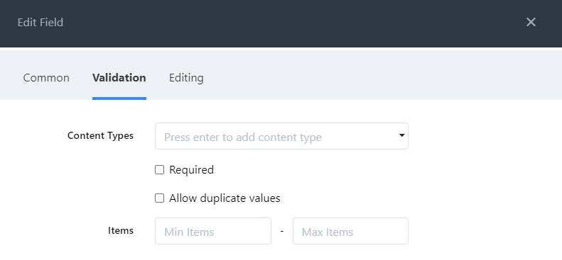 validation tab fields.