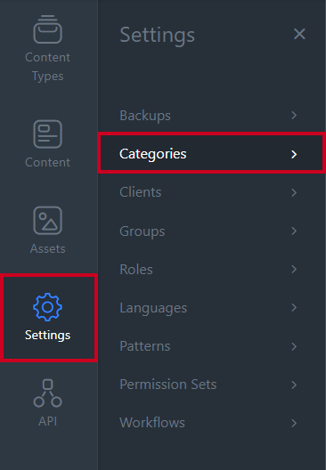 Settings tab in left navigation with Categories selected.