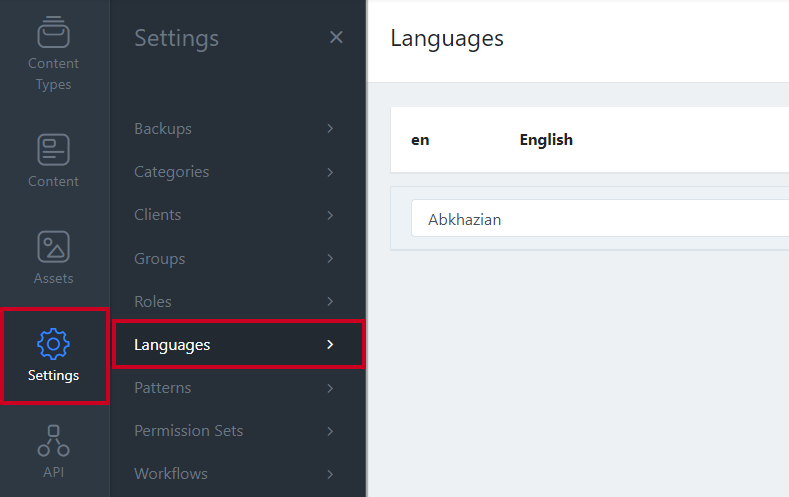 Settings tab in left navigation with Languages selected.
