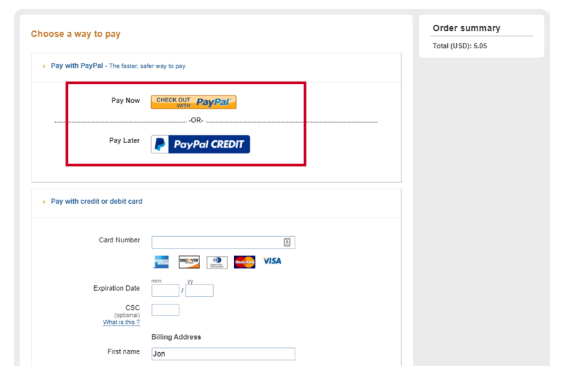 Pay Now and Pay Later buttons on checkout page.