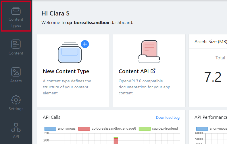 Content types tab in left navigation menu.