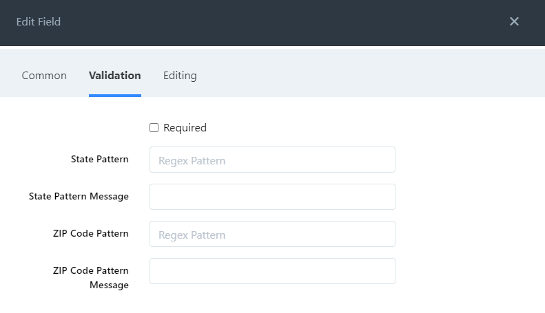 Validation tab fields.