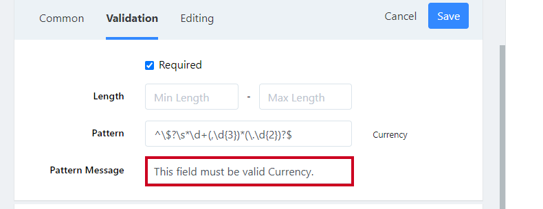 pattern message field.