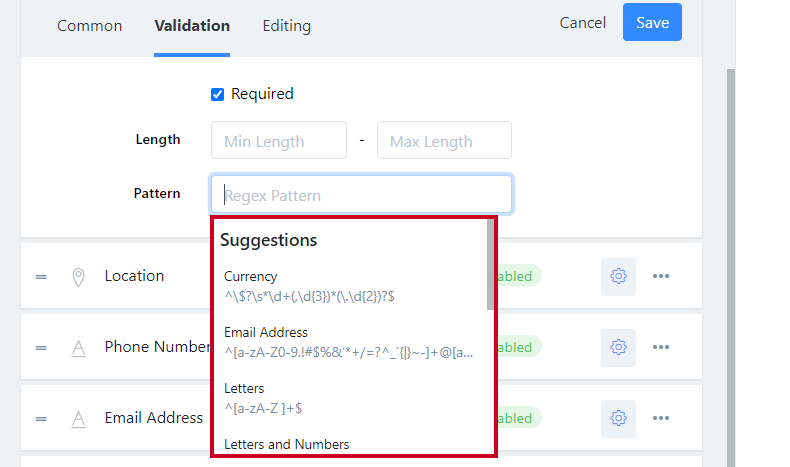 Suggested patterns dropdown list.