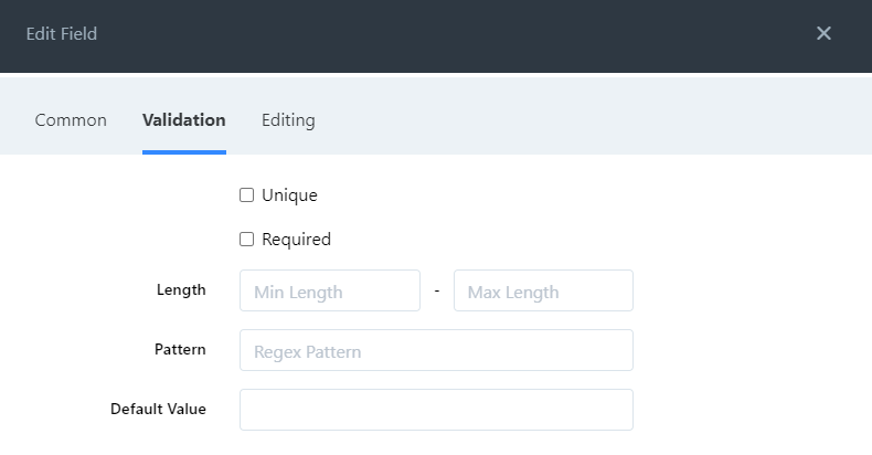 validation tab fields.