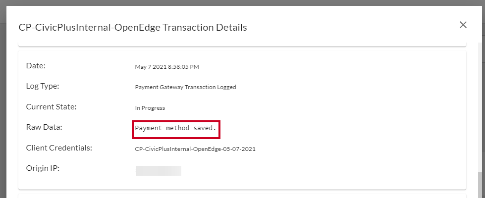 Payment method saved message in History Log.