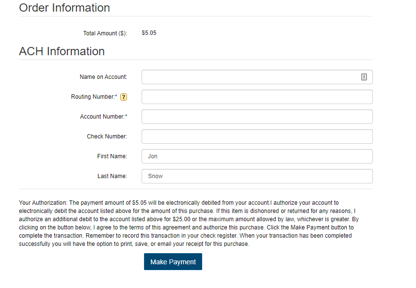ACH on File form.
