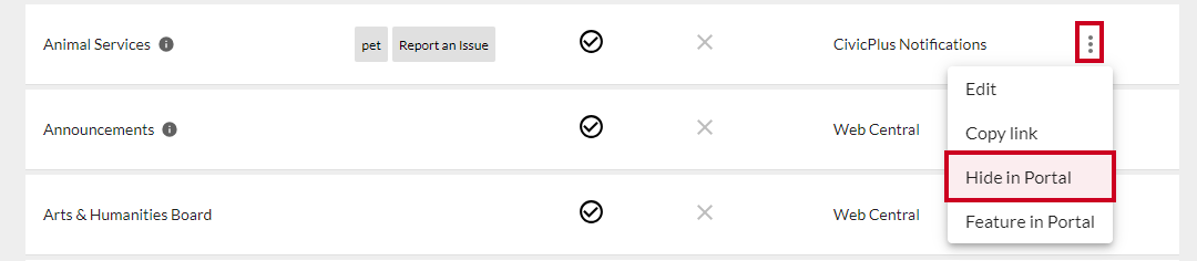 Action menu with hide in portal selected.