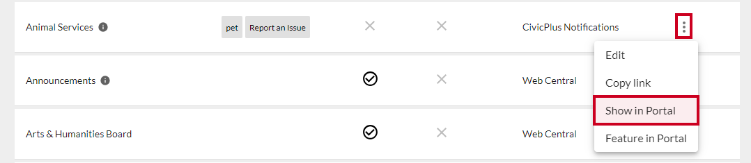Action menu with show in portal selected.