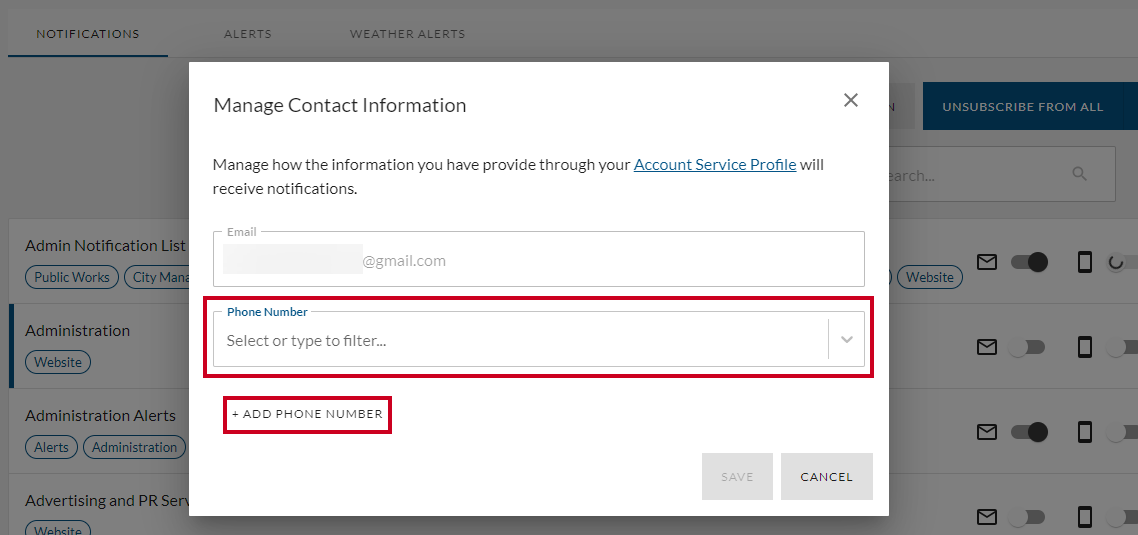 Phone number field on pop up window.