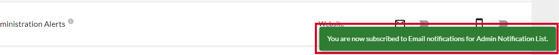 Confirmation bar that says 'You are now subscribed to Email notifications for [list name]'.