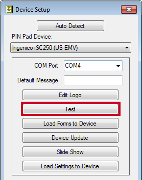 Test button on Device Setup window.