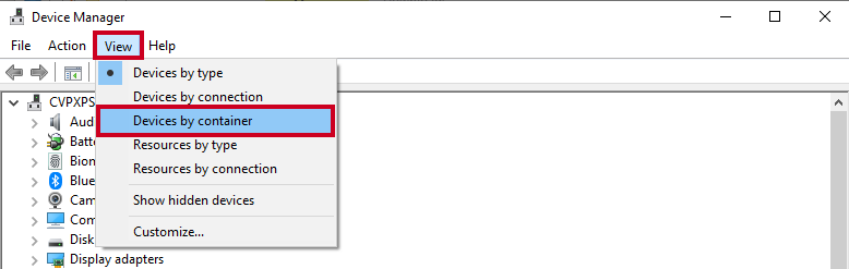 View menu with Devices by container selected.