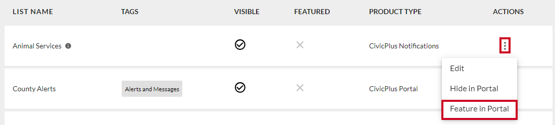Feature in portal option in Actions dropdown.