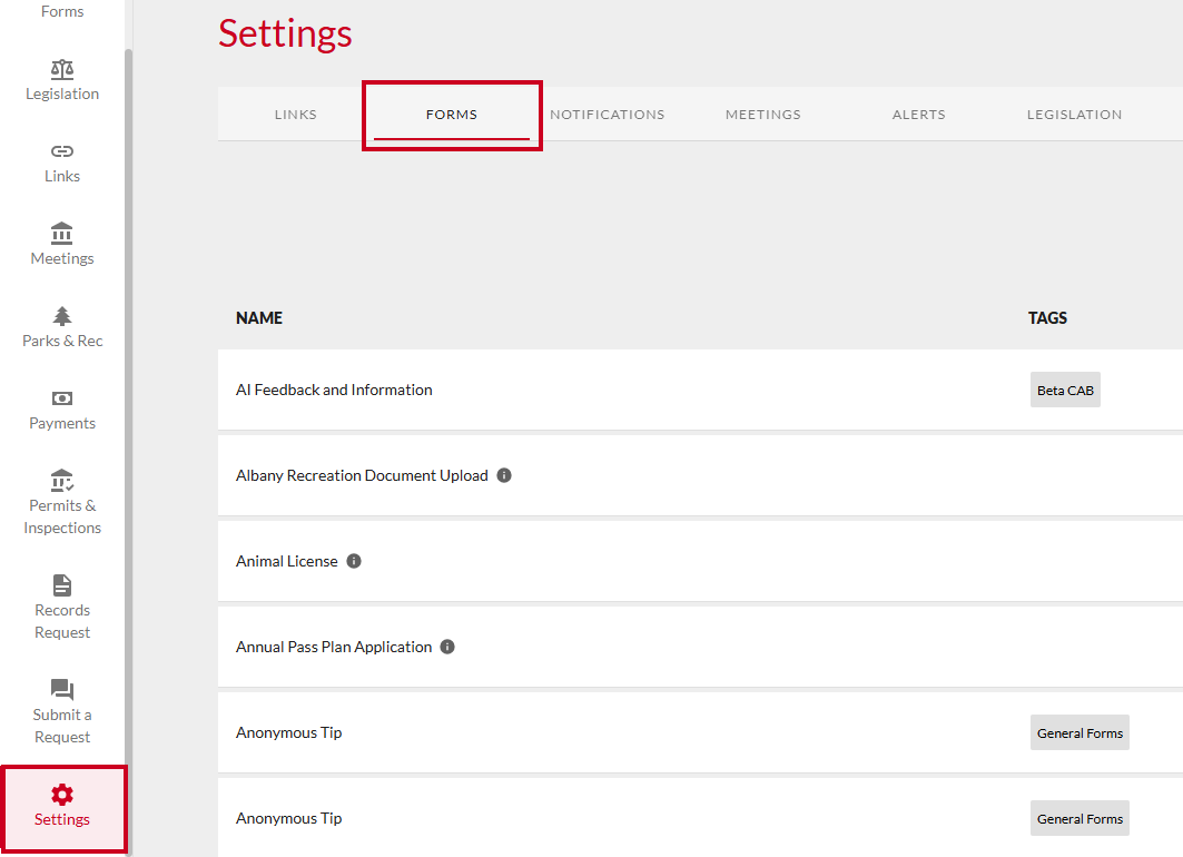 Settings menu and forms tab.