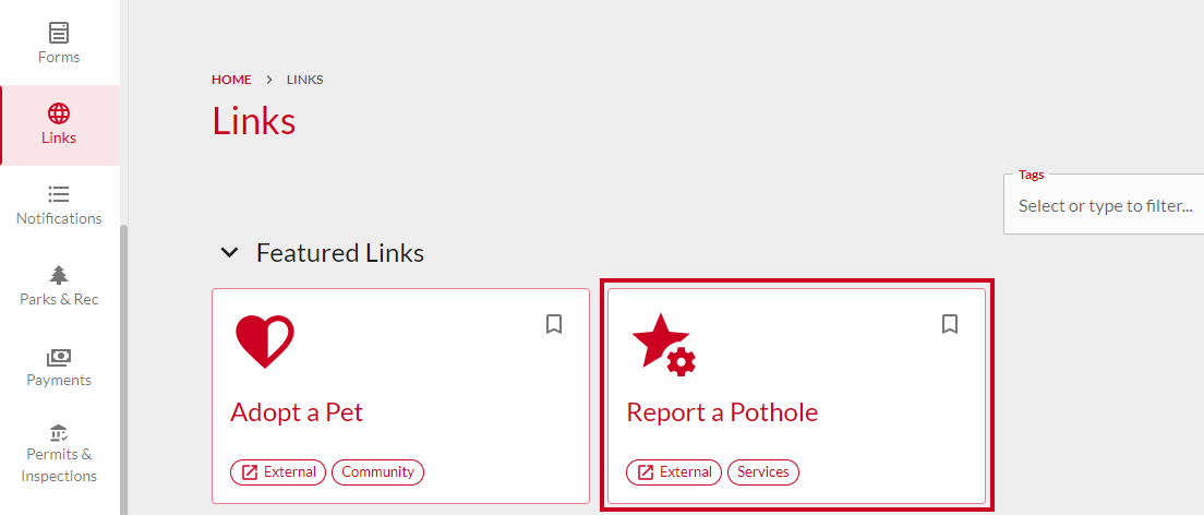 Featured link section of Links tab.