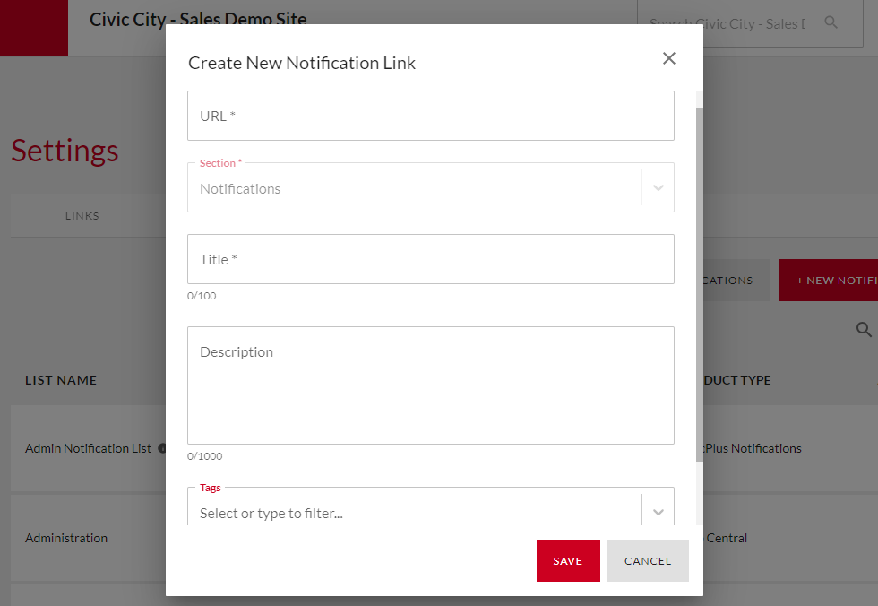 Notification Link fields.