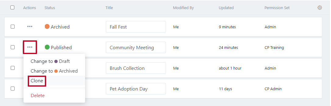 Clone option in Actions menu.