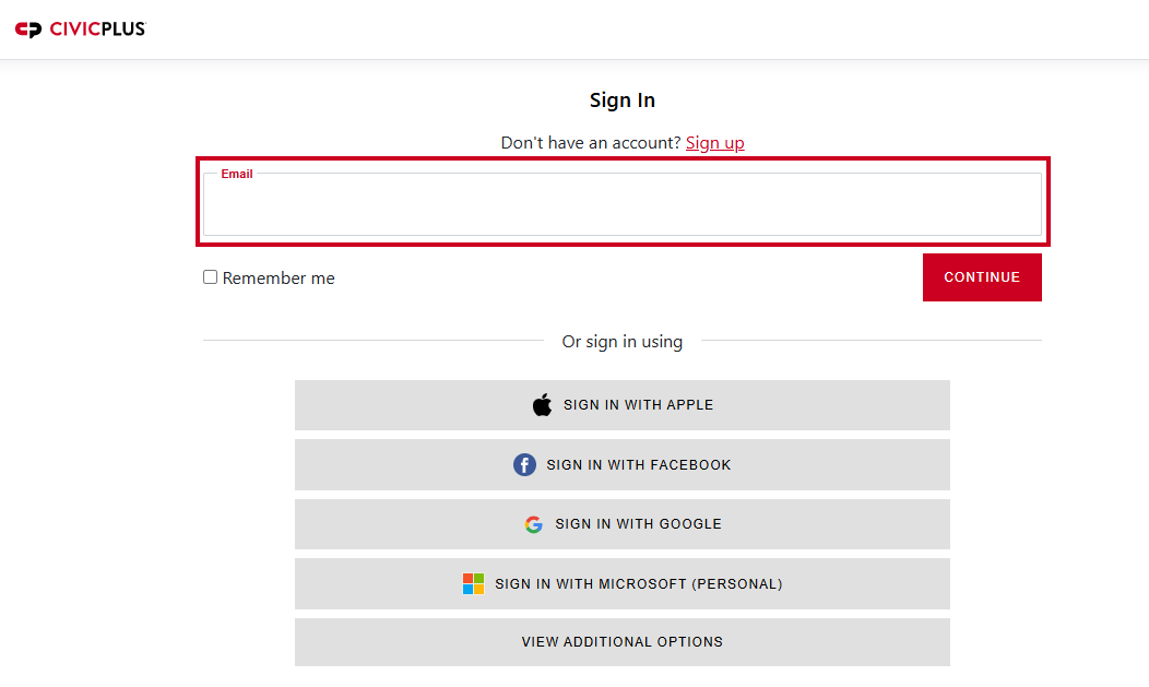 Email field on CivicPlus sign-on screen.