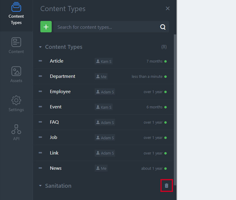 trashcan icon next to content type section name.