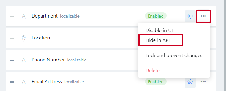 hide in api selected under Actions drop-down.