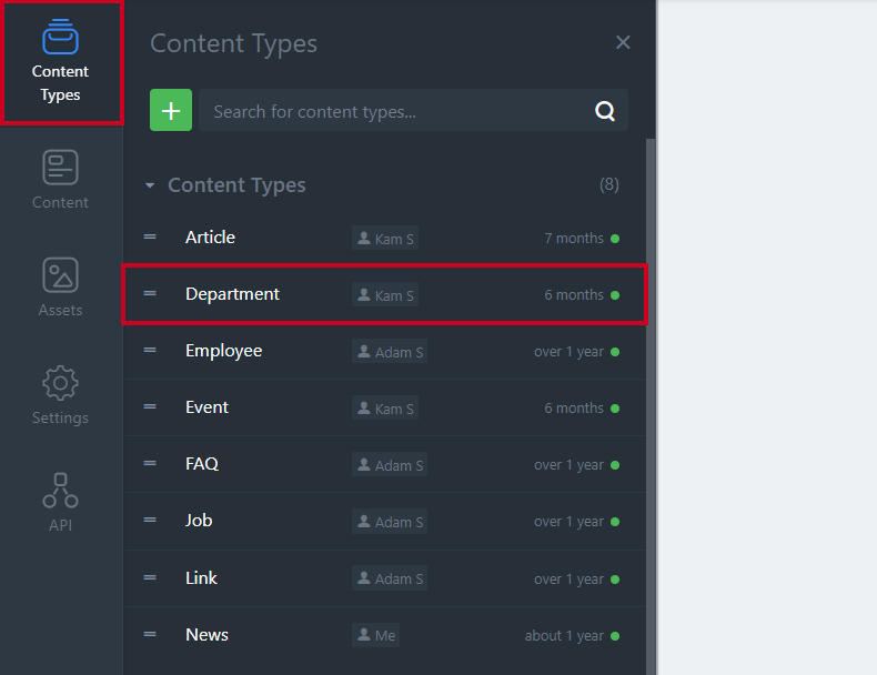 Content Type tab in left navigation with Department category selected.