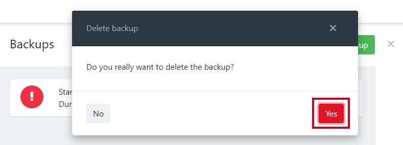 Yes button on delete backup popup.