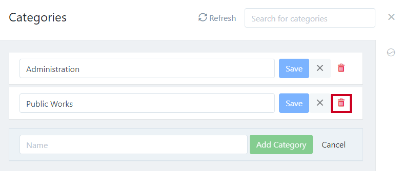 trashcan icon next to category name.