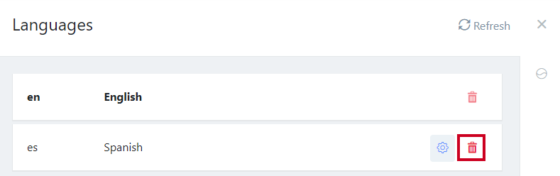 trashcan icon next to language name.