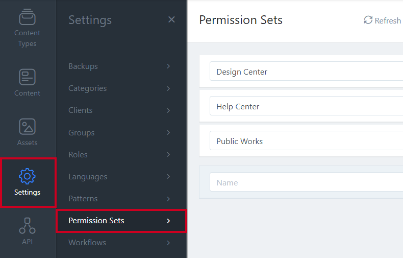 Settings tab in left navigation with Permission Sets selected in sub-menu.